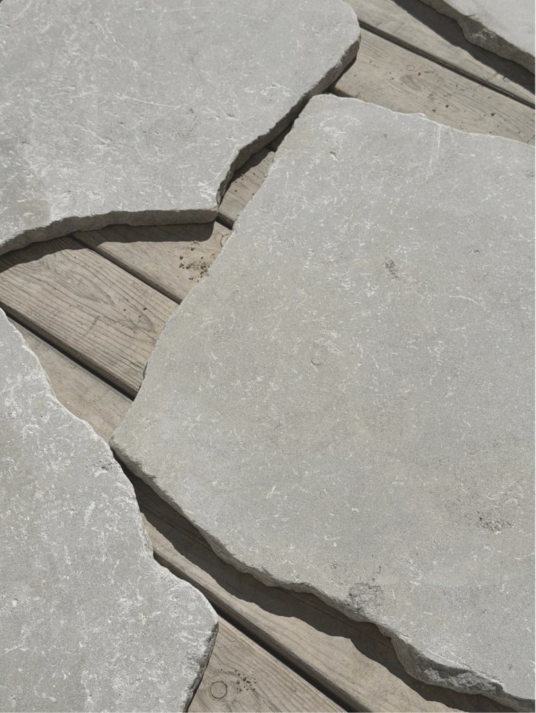 Vega tumbled limestone crazy pavers, cool grey with hand-softened edges